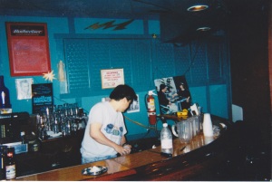 Me, cleaning up in the DCT bar. Note my "Central Perk" t-shirt. Oy.